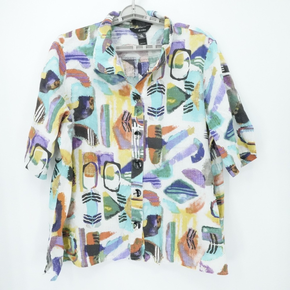 Ali Miles Shirt Womens 3X White Abstract Linen Blend Short Sleeve‎ Artsy